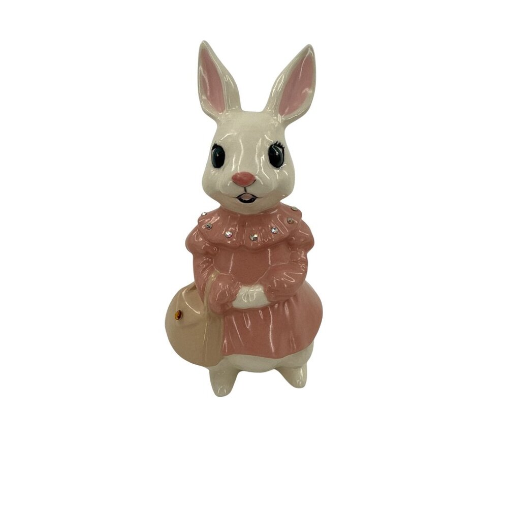White Ceramic Bunny Anthropomorphic Figurine With Pink Dress Rhinestone Accents